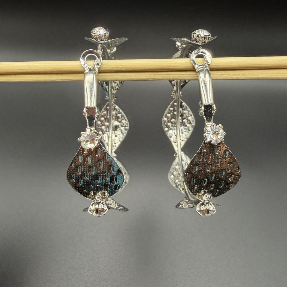 Silver Tone Boho Hammered Hoop Earrings Clear Rhinestone Textured Round Metal
